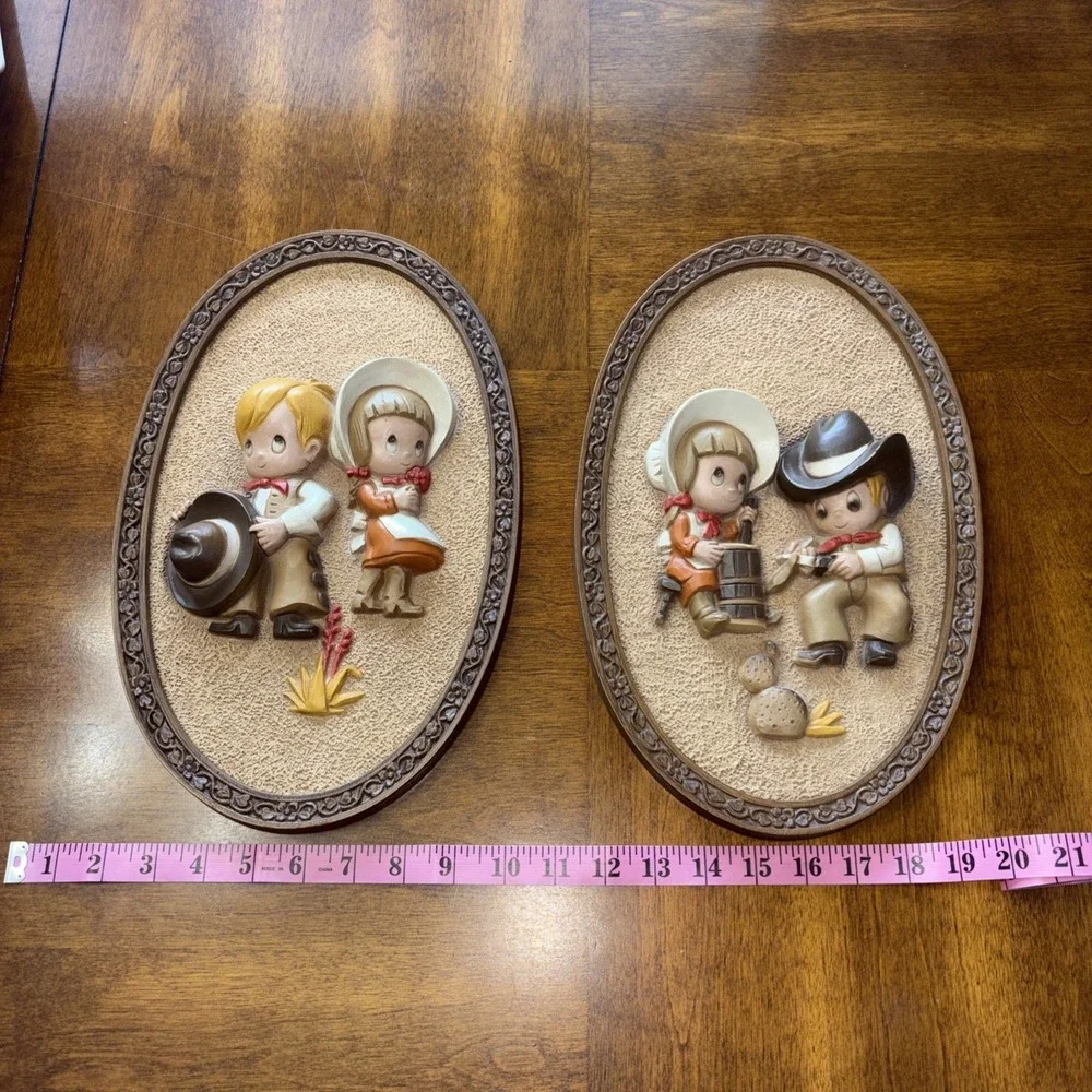 Vintage Pair of 2 Homco Hubbell Oval Wall Plaques with Cute Cowboy & Cowgirl
